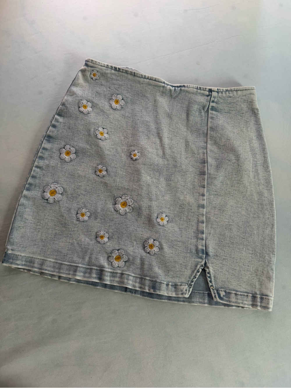 Light Wash Denim Mini Skirt with Daisy Embroidery